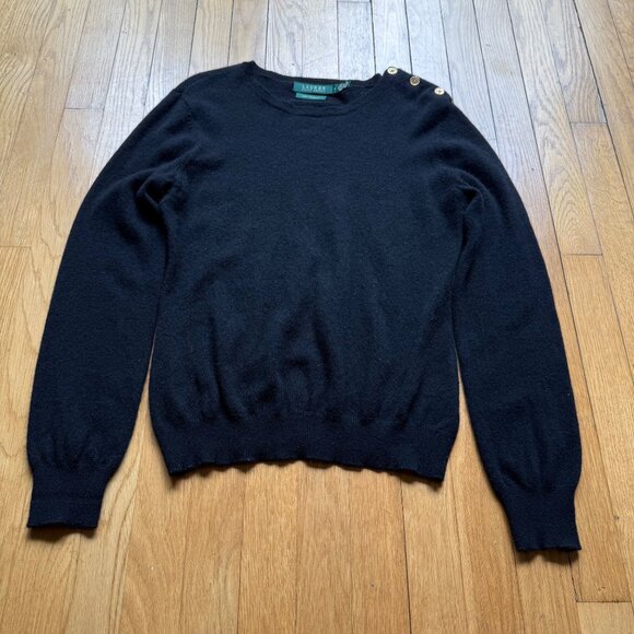 100% Cashmere Lauren Ralph Lauren Size L Black Knit Pullover Crew Neck Sweater - Picture 2 of 16